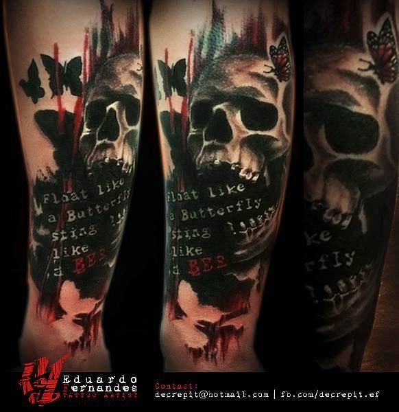 3D very detailed skull tattoo on forearm with butterflies and lettering