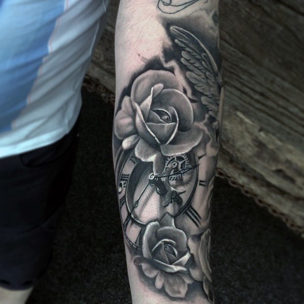 3D very realistic detailed old mechanic clock with flowers tattoo on arm
