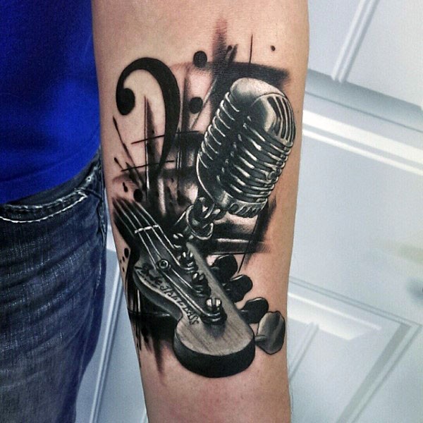 3D very realistic microphone with guitar tattoo on arm