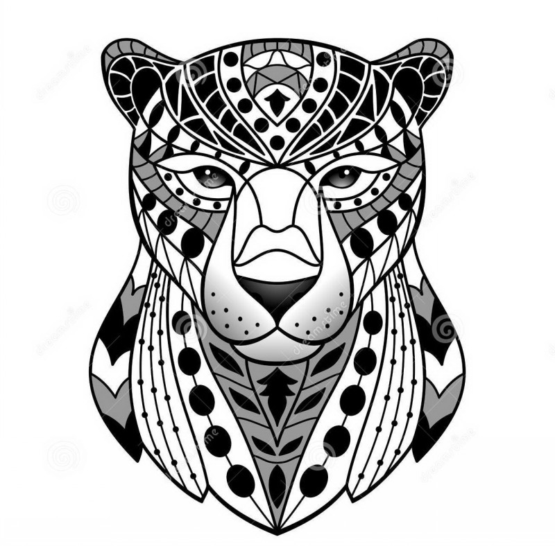 Abstract black-and-grey ornamented jaguar portrait tattoo design