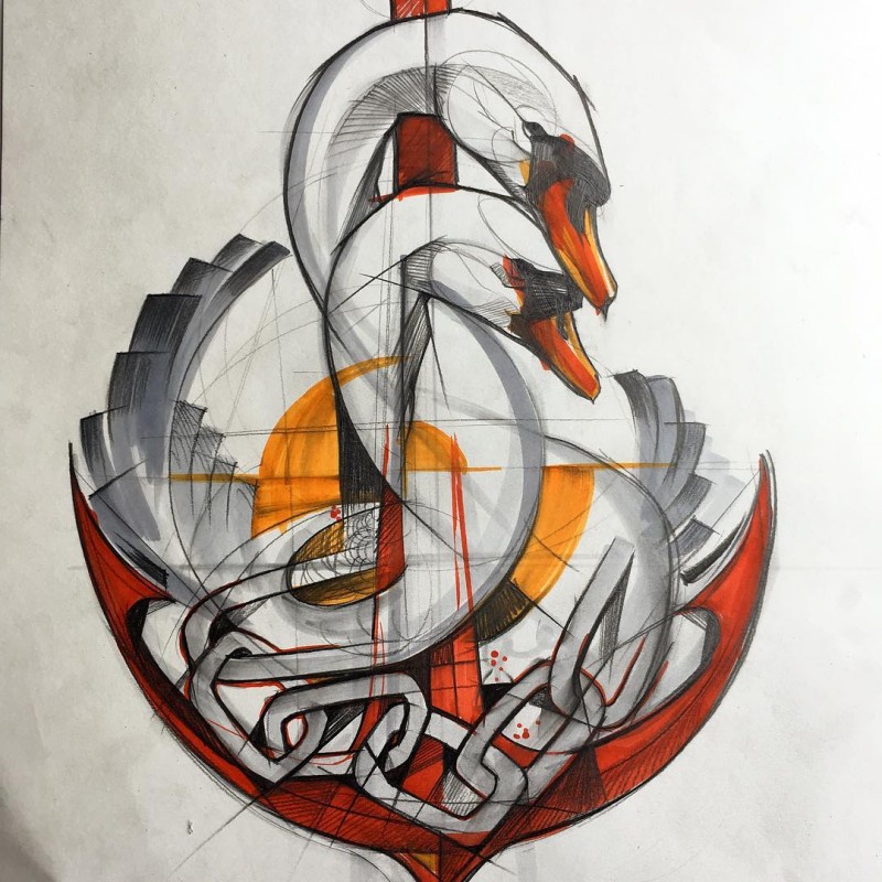 Abstract swans with huge chains and orange anchor tattoo design