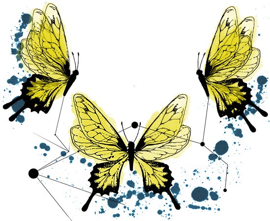 Abstract yellow watercolor butterflies and geometric drawings tattoo design