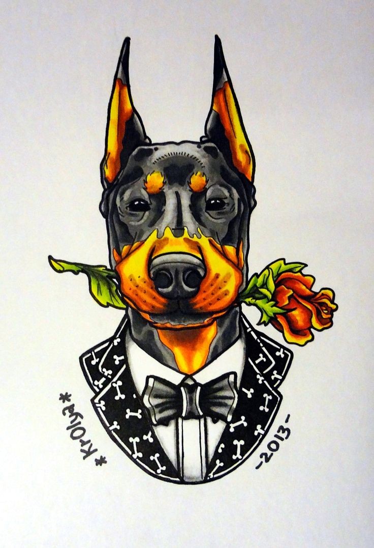 Admirable colored dog gentleman with rose in teeth tattoo design