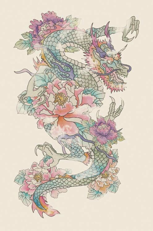 Adorable pale-color dragon with a lot of peony flowers tattoo design