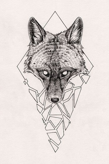 Adoreble grey-pencil wolfmuzzle on crushing geometric rhombus tattoo design