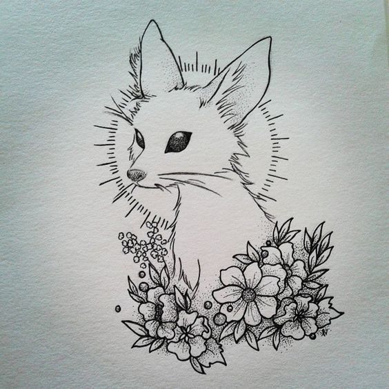 Alien fox with shining nimbus sitting in flowers tattoo design