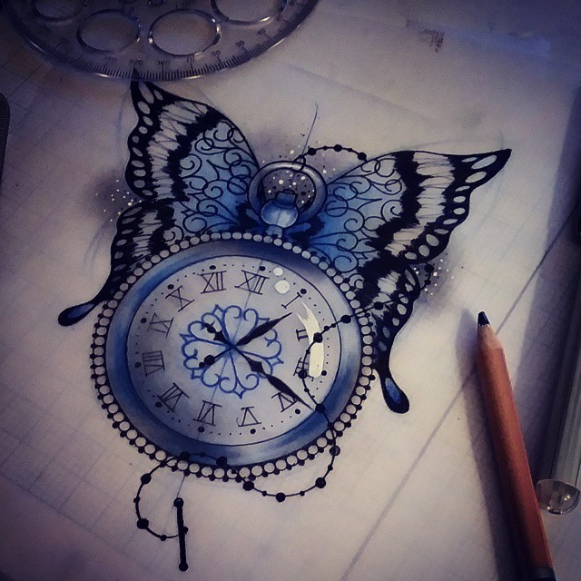 Amazing big blue butterfly with a clock tattoo design