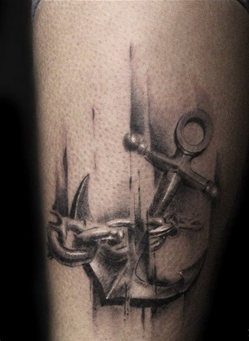 Amazing black-and-white chained anchor tattoo on shin