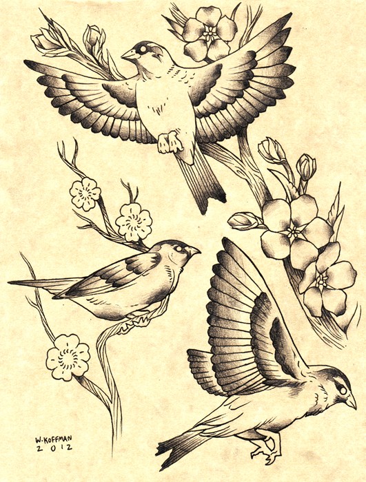 Amazing black-and-white sparrows and cherry branches tattoo design