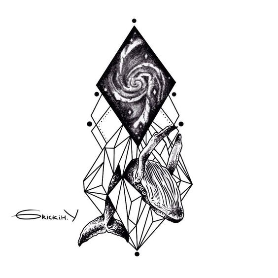 Amazing black-and-white whale with geometric elements and space vortex tattoo design