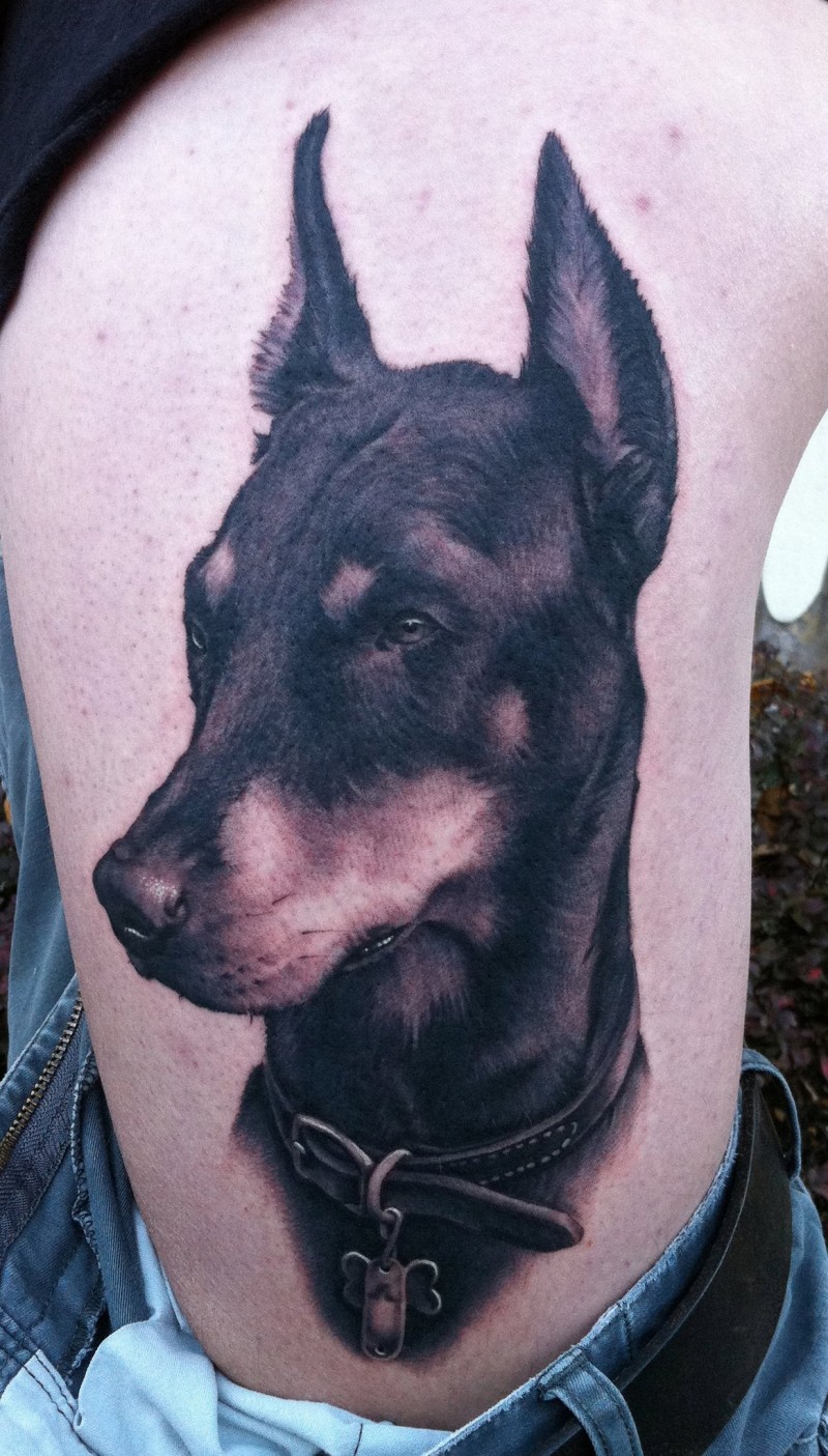 Erstaunliches Porträt Tattoo mit schwarzem Dobermann an der Seite