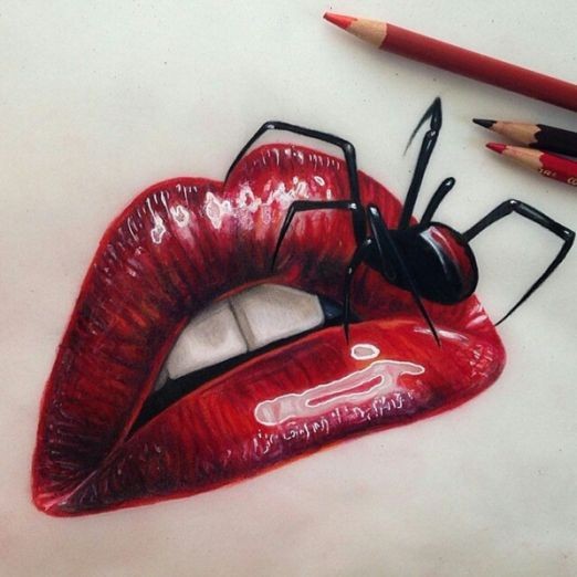 Amazing black spider running on bright red womans lips tattoo design