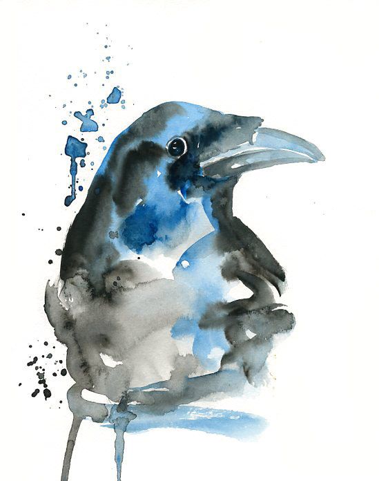 Amazing blue-and-black raven portrait tattoo design