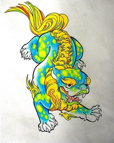 Amazing blue-and-yellow chinese foo dog tattoo design