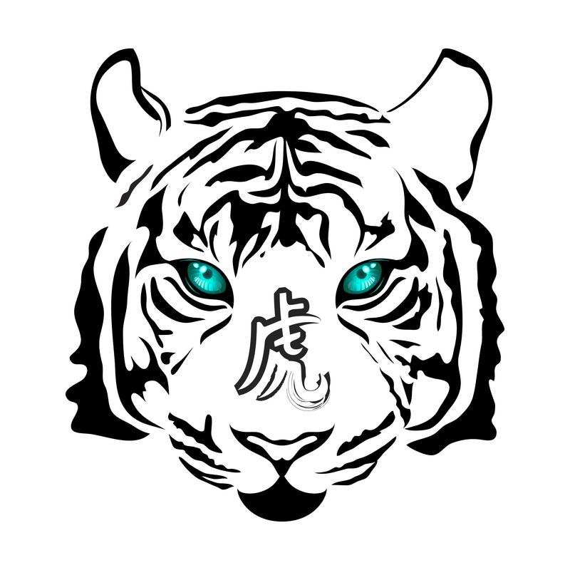 Amazing blue-eyed white tiger with chinese hieroglyph tattoo design