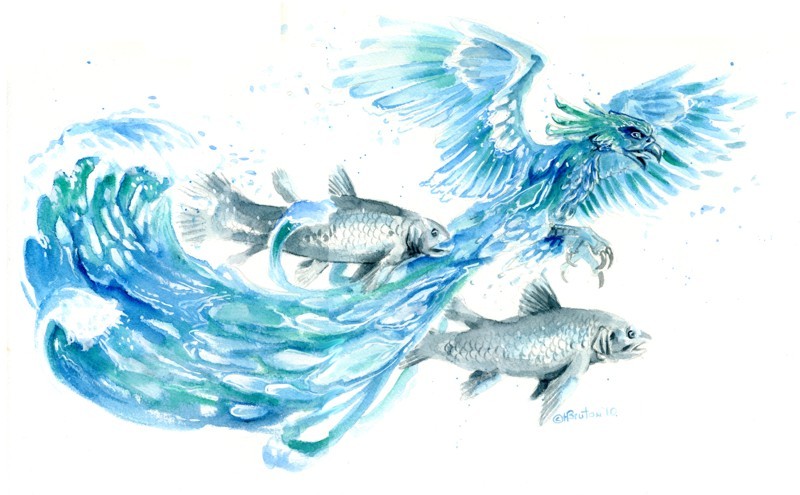 Amazing blue watercolor phoenix flying with fish flock tattoo design by Hbruton