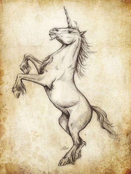Amazing brave grey-ink unicorn standing on hindquarters tattoo design