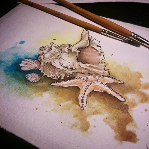 Amazing brown starfish and shell on watercolor background tattoo design