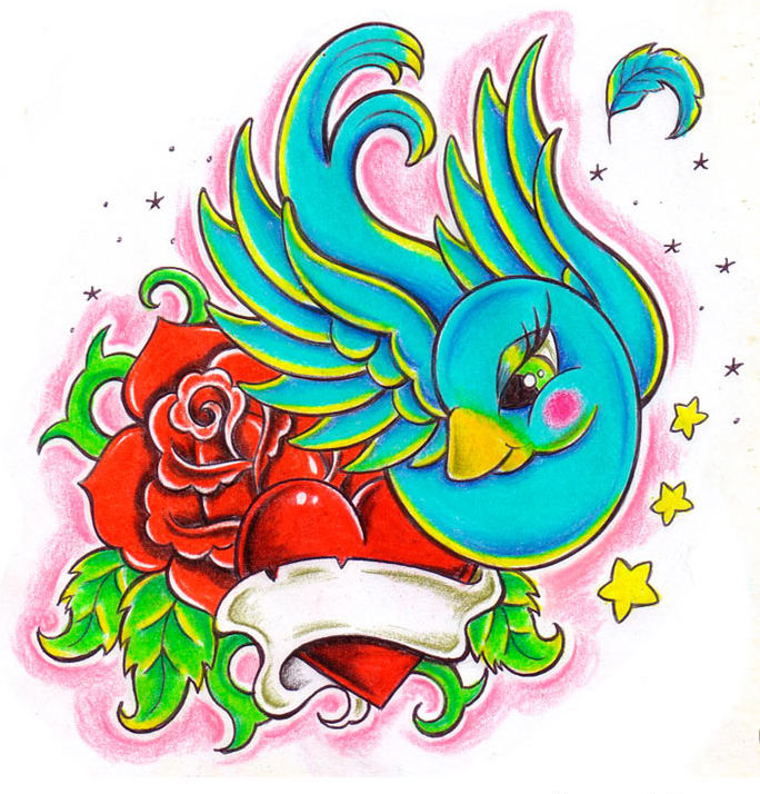 Amazing cartoon colorful bird with rose and heart tattoo design
