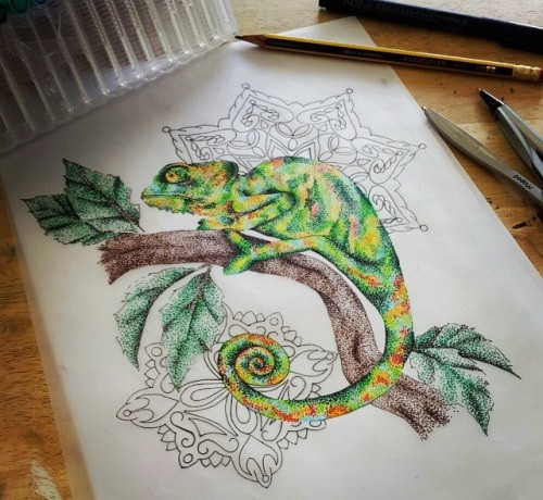 Amazing colorful dotwork chameleon and uncolored mandala flowers tattoo design