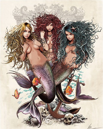 Amazing colorful mermaid trio tattoo design by Christopher Lovell Art