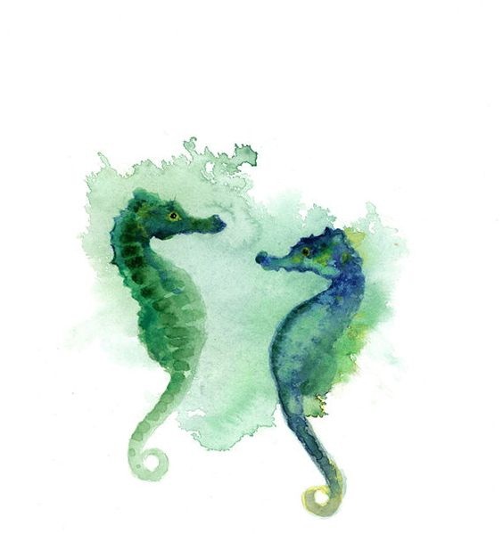 Amazing green-and-blue seahorse couple in green smoke tattoo design