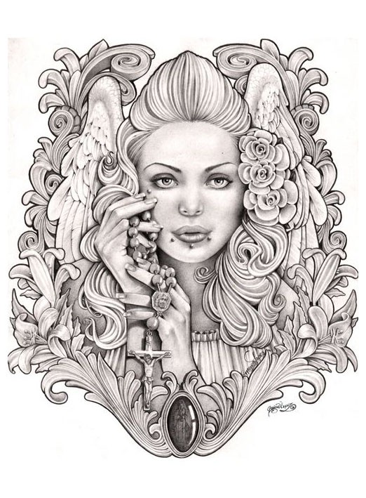 Incrível retrato de mulher de anjo de tinta cinza com um monte de design de tatuagem de decorações