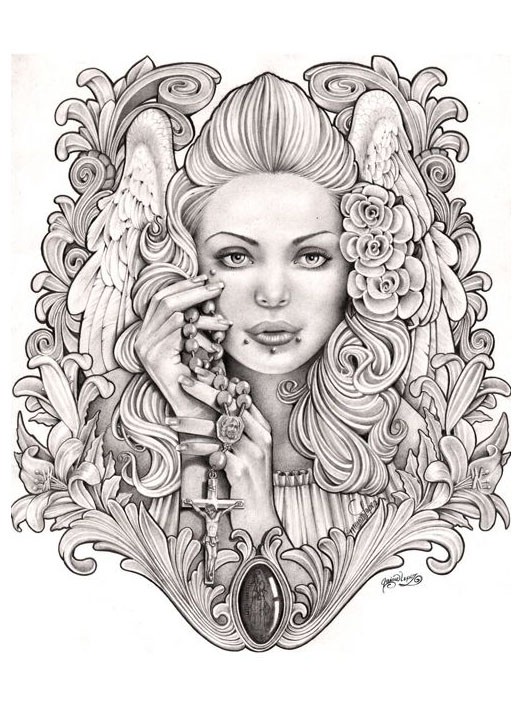 Amazing grey-ink angel woman portrait with a lot of decorations tattoo design