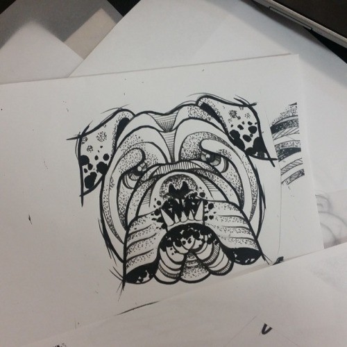 Amazing grey-ink bulldog face tattoo design