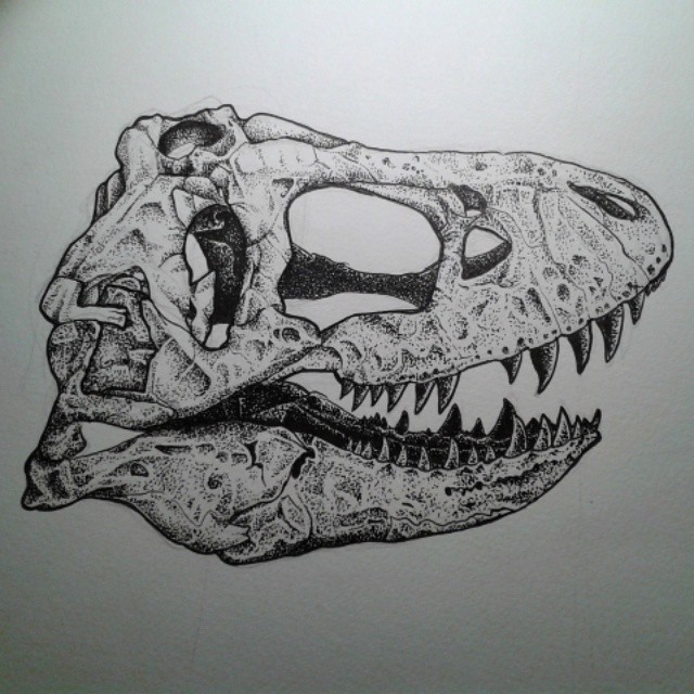 Amazing grey-ink dinosaur skull tattoo design