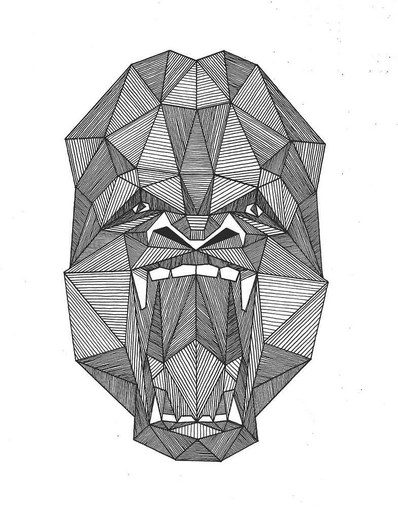 Amazing grey-ink geometric crying gorilla muzzle tattoo design