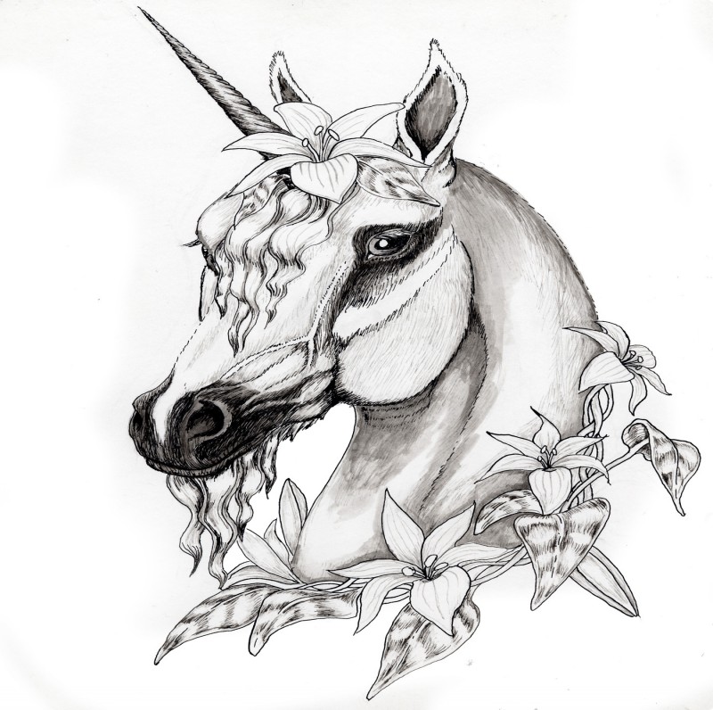 Amazing grey-ink unicorn portrait with lily flowers tattoo design
