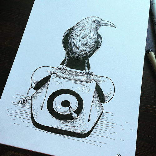 Amazing grey raven sitting on phone tattoo design