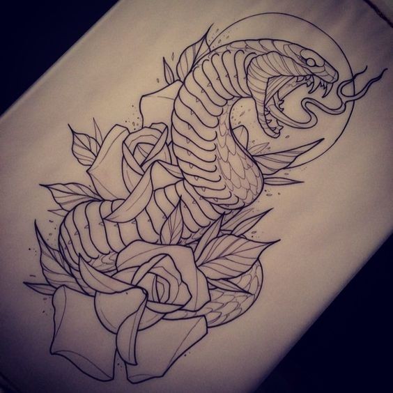 Amazing hissing snake with nimbus and flower bugs tattoo design