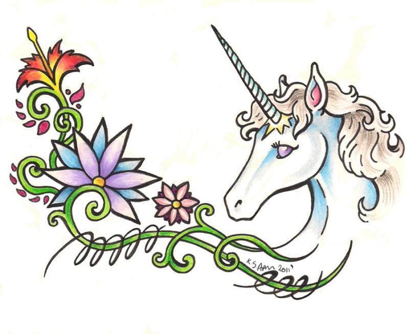 Amazing olored unicorn head with flowers tattoo design