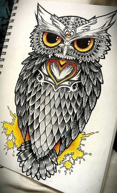 Amazing owl with heart on yellow spot background tattoo design
