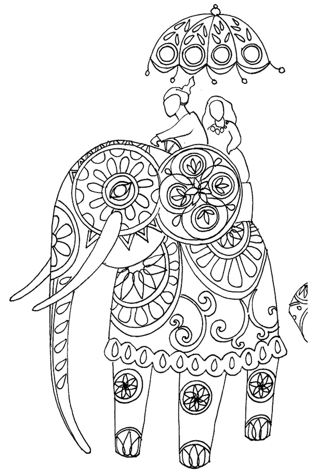 Amazing patterned elephant with riders on back tattoo design