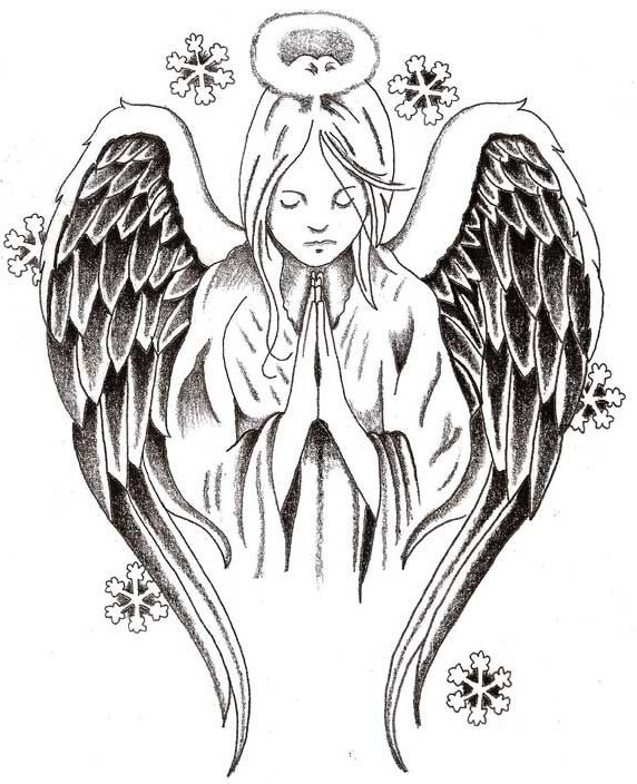 Lápis incrível orando anjo com flocos de neve caindo tatuagem design