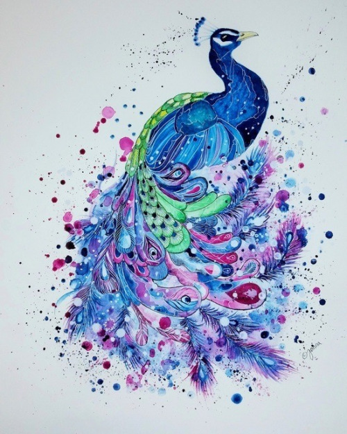 Amazing rainbow tailed blue-body peacock tattoo design