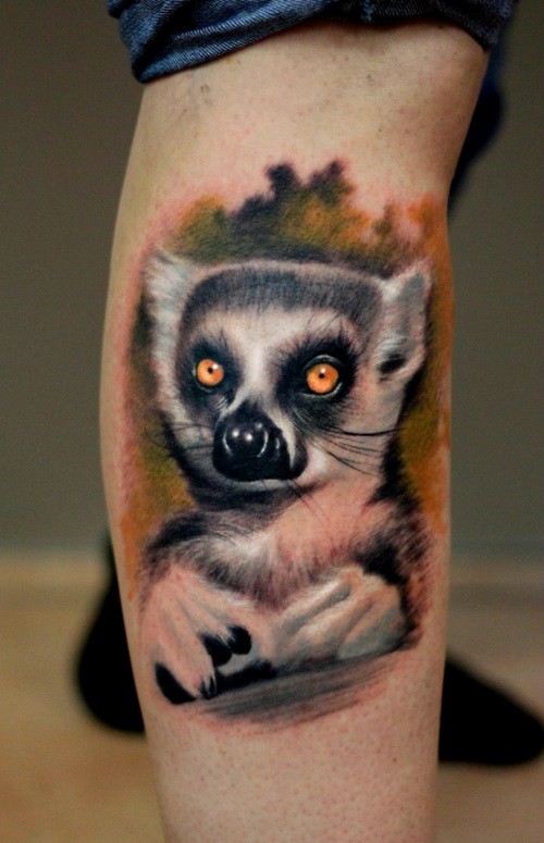 Amazing realistic colorful lemur tattoo