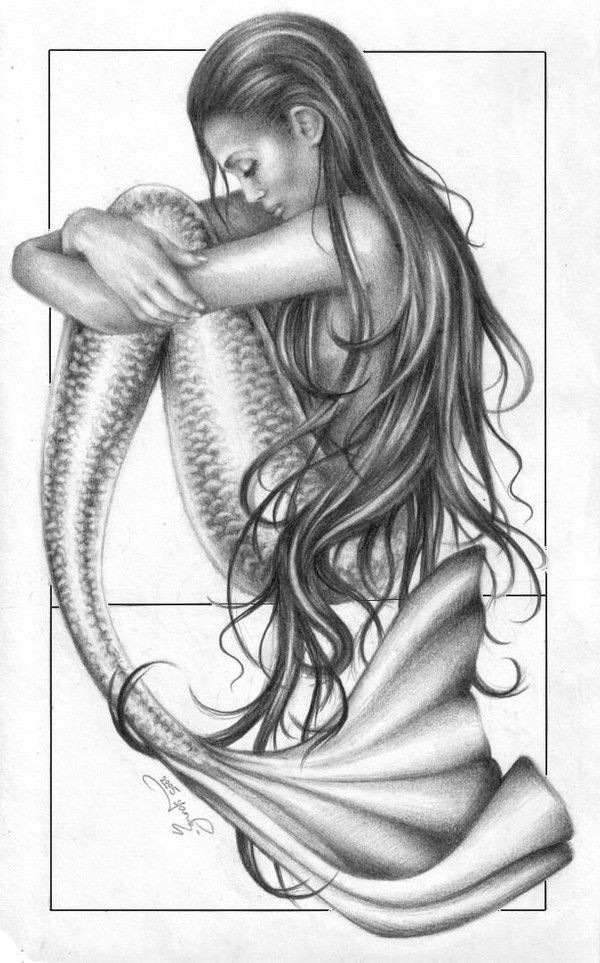 Amazing realistic pencilwork sitting mermaid in profile tattoo design
