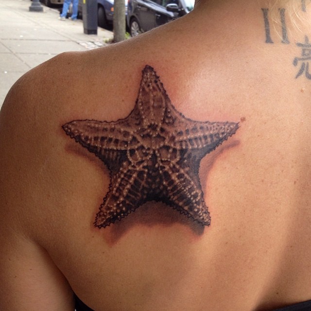 Tattoo mit schönem reliefartigem schwarzweißem Seestern am Rücken