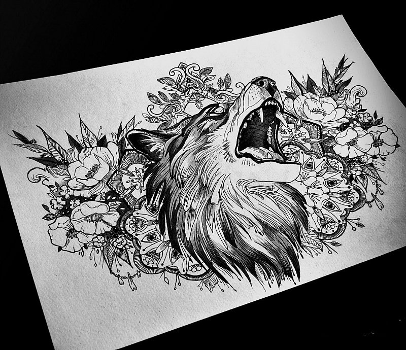 Amazing screaming wolf head in flower garden tattoo design