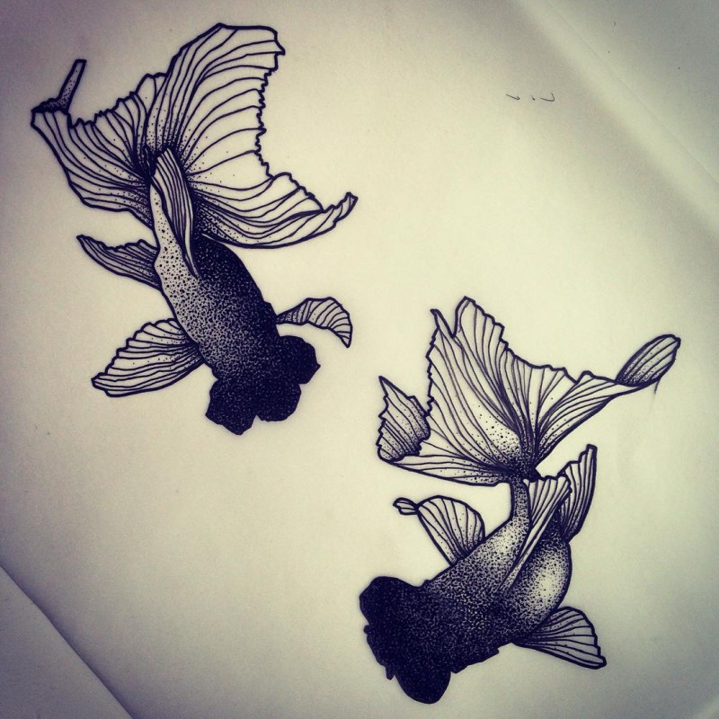 Amazing small dotwork fish couple tattoo design