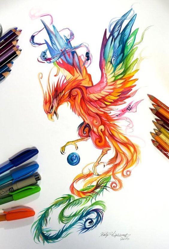 Amazing swirly multicolor flying phoenix tattoo design