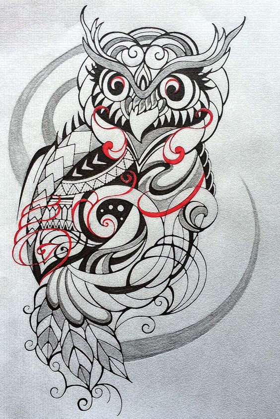 Amazing swirly owl with red curls tattoo design