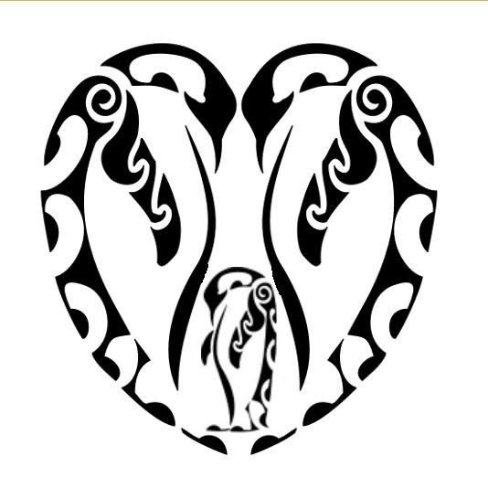 Amazing tribal penguin family in heart shape tattoo design