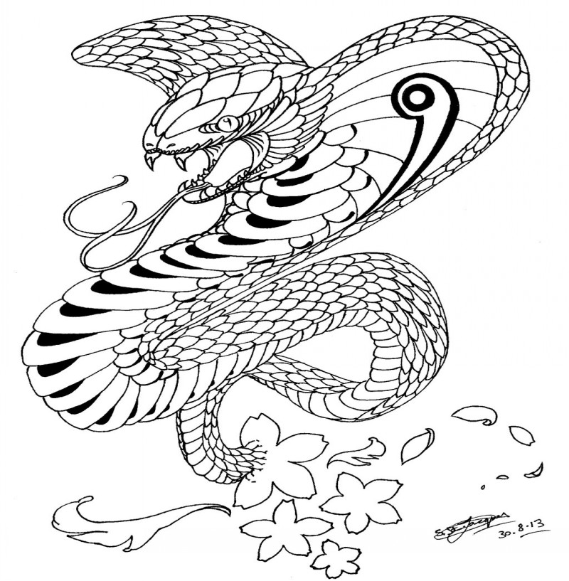 Amazing uncolored king cobra snake and blossom tattoo design by Shannon X Naruto