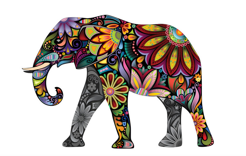 Amazing vivid-color elephant with floral ornament tattoo design
