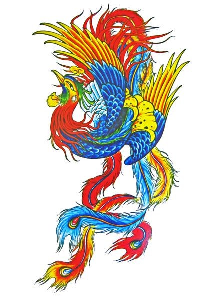 Amazing vivid-color phoenix with extra-long tail feathers tattoo design